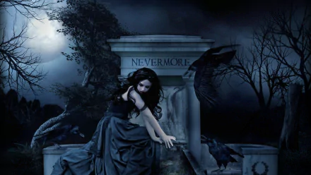 A dark fantasy HD desktop wallpaper featuring a gothic woman with black hair beside a gravestone inscribed Nevermore, under a full moon with ravens flying around.