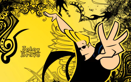 HD desktop wallpaper featuring the animated character Johnny Bravo in a dynamic pose on a yellow decorative background.
