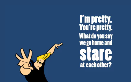 HD desktop wallpaper featuring Johnny Bravo with a flirtatious quote on a blue background.