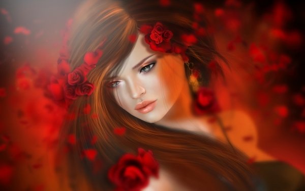 Fantasy Women Rose Red Brown Hair Blue Eyes Red Flower HD Wallpaper | Background Image