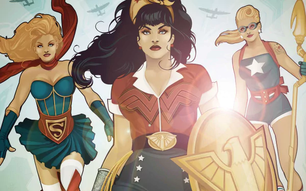 HD PC desktop wallpaper featuring DC Bombshells comic style Stargirl, Wonder Woman, and Supergirl in dynamic heroic poses with vintage aviation background.