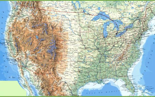 HD desktop wallpaper of USA map highlighting topographic details and state borders.