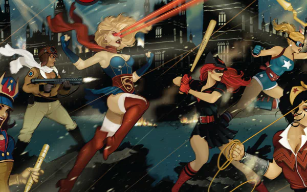 Dynamic HD desktop wallpaper featuring Batwoman, Supergirl, and Wonder Woman in action from the DC Bombshells comic series.