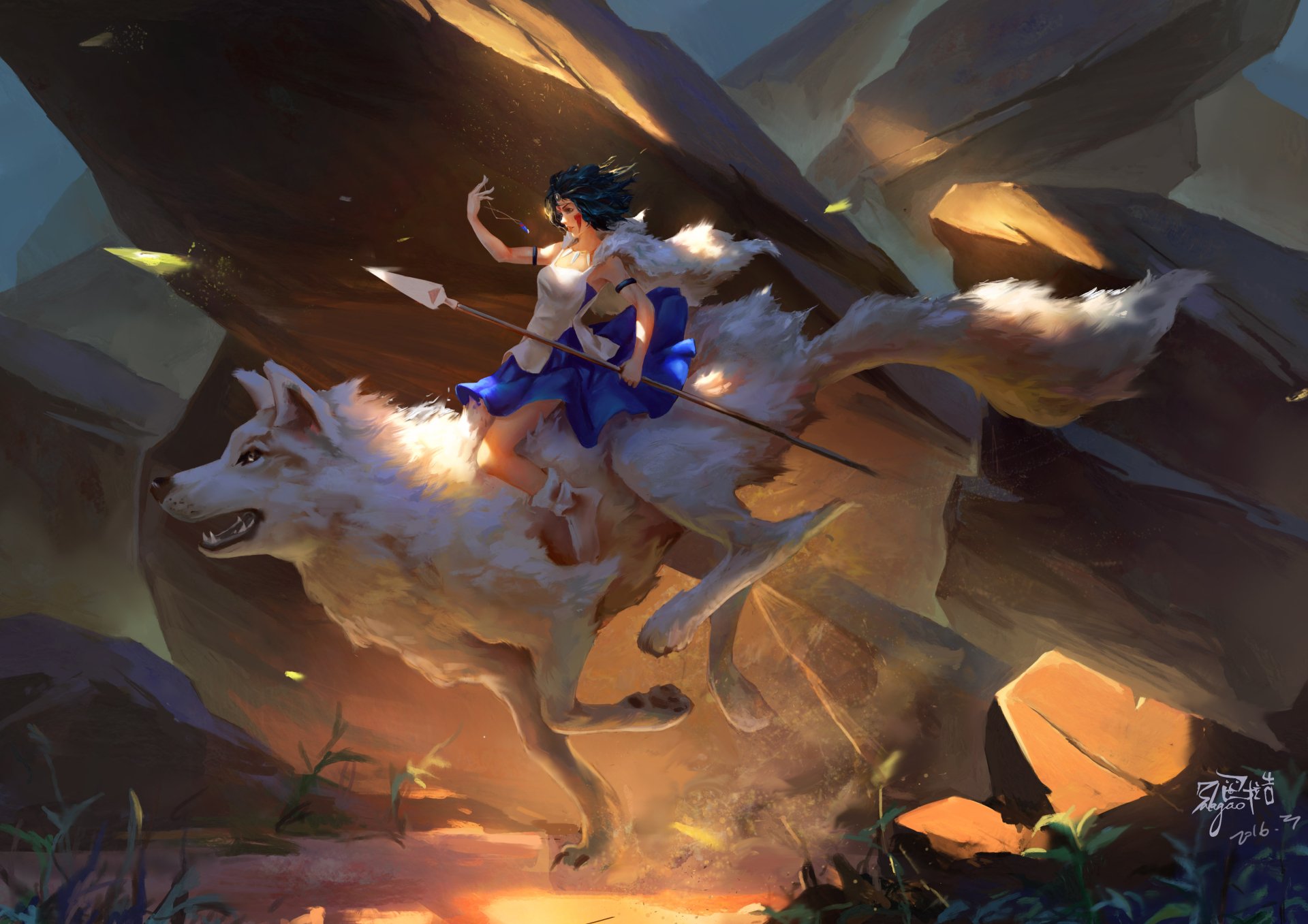 A fierce woman warrior with blue hair rides a majestic wolf, wielding a spear amidst a dramatic landscape inspired by anime art, reminiscent of Princess Mononoke. 4K ultra HD quality.
