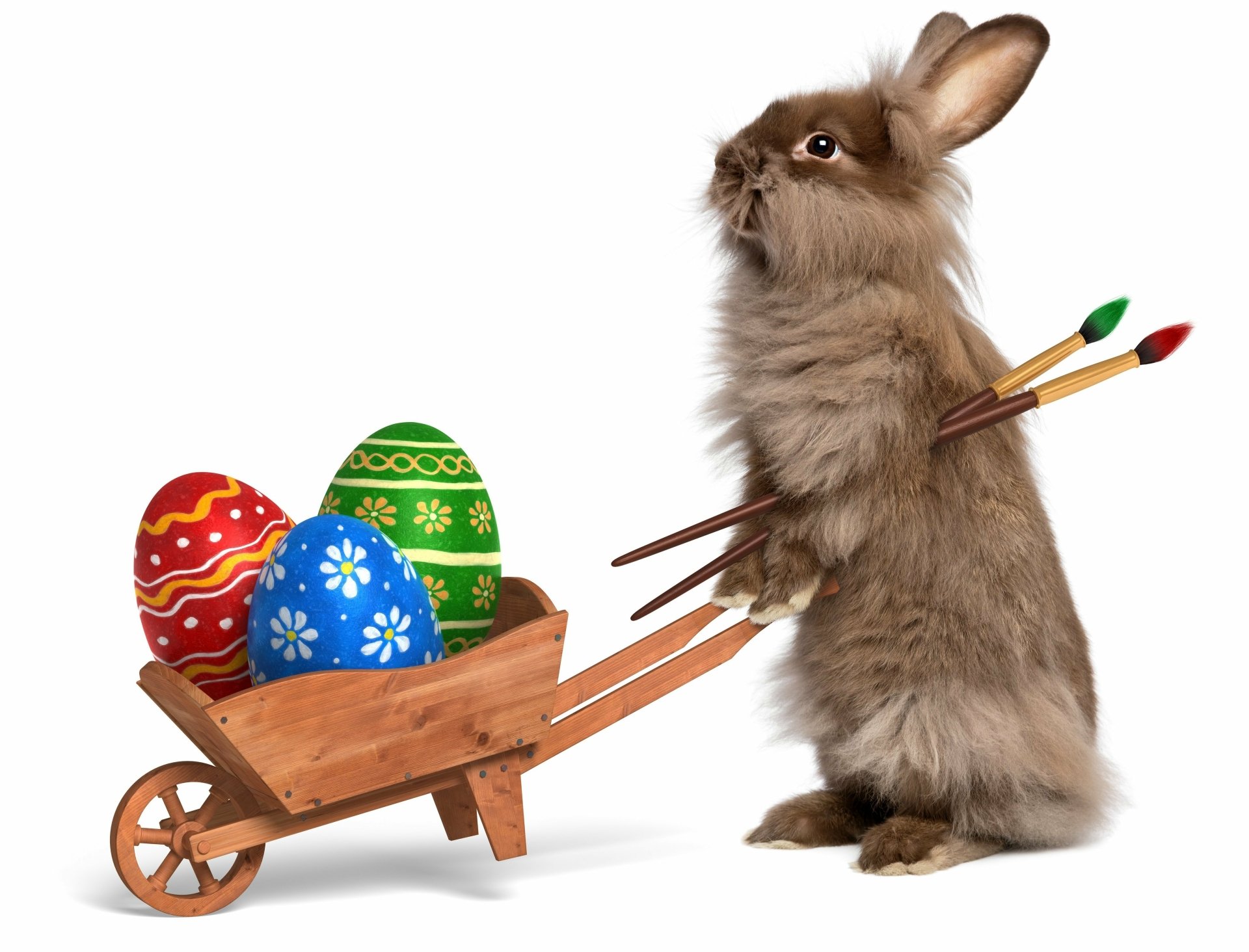Easter bunny distributing eggs in a wheelbarrow 4k Ultra Fondo de
