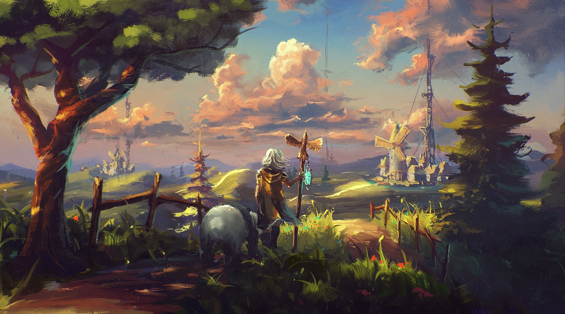 A vibrant fantasy landscape HD wallpaper featuring a village with windmills, lush trees, dramatic clouds, and a panda amidst a tranquil sky and countryside scene.