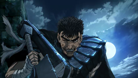 A high-definition wallpaper featuring Guts from the anime Berserk (2016) stands against a dramatic night sky, showcasing his fierce expression and iconic armor.