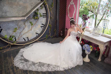 An oriental bride in a white wedding dress poses elegantly beside a large vintage clock, set against a charming, rustic interior. Suitable as an HD desktop wallpaper.