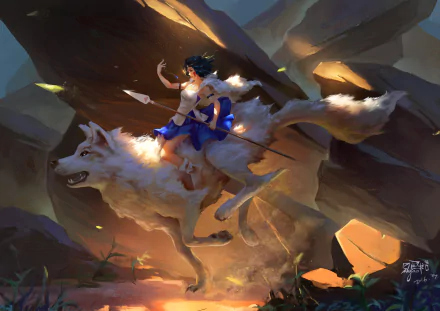 A fierce woman warrior with blue hair rides a majestic wolf, wielding a spear amidst a dramatic landscape inspired by anime art, reminiscent of Princess Mononoke. 4K ultra HD quality.