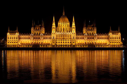 Illuminated Hungarian Parliament Building with its grand dome and spires reflecting on the water at night in Budapest, showcasing stunning architecture and monument lighting.