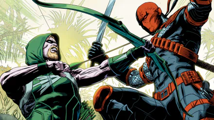 A dynamic HD wallpaper showcasing an intense battle between Deathstroke and Green Arrow, featuring vibrant colors and detailed comic art from DC Comics.