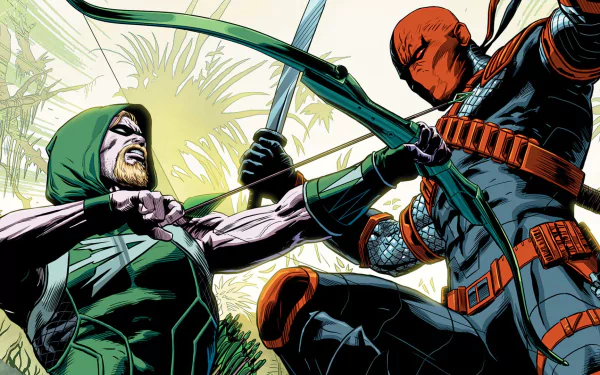 A dynamic HD wallpaper showcasing an intense battle between Deathstroke and Green Arrow, featuring vibrant colors and detailed comic art from DC Comics.