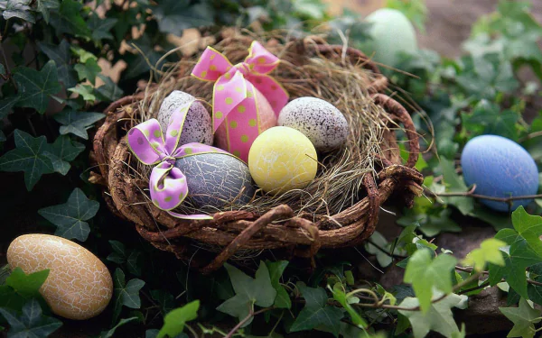 Easter eggs decorated with bows rest in a vine-woven basket nest surrounded by ivy, creating a festive holiday scene in HD desktop wallpaper quality.