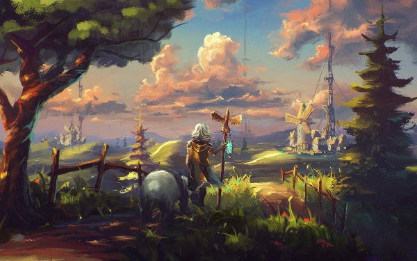 Fantasy Landscape Panda Mill Tree Sky Cloud Village HD Wallpaper | Background Image