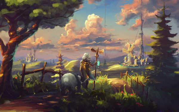 A vibrant fantasy landscape HD wallpaper featuring a village with windmills, lush trees, dramatic clouds, and a panda amidst a tranquil sky and countryside scene.