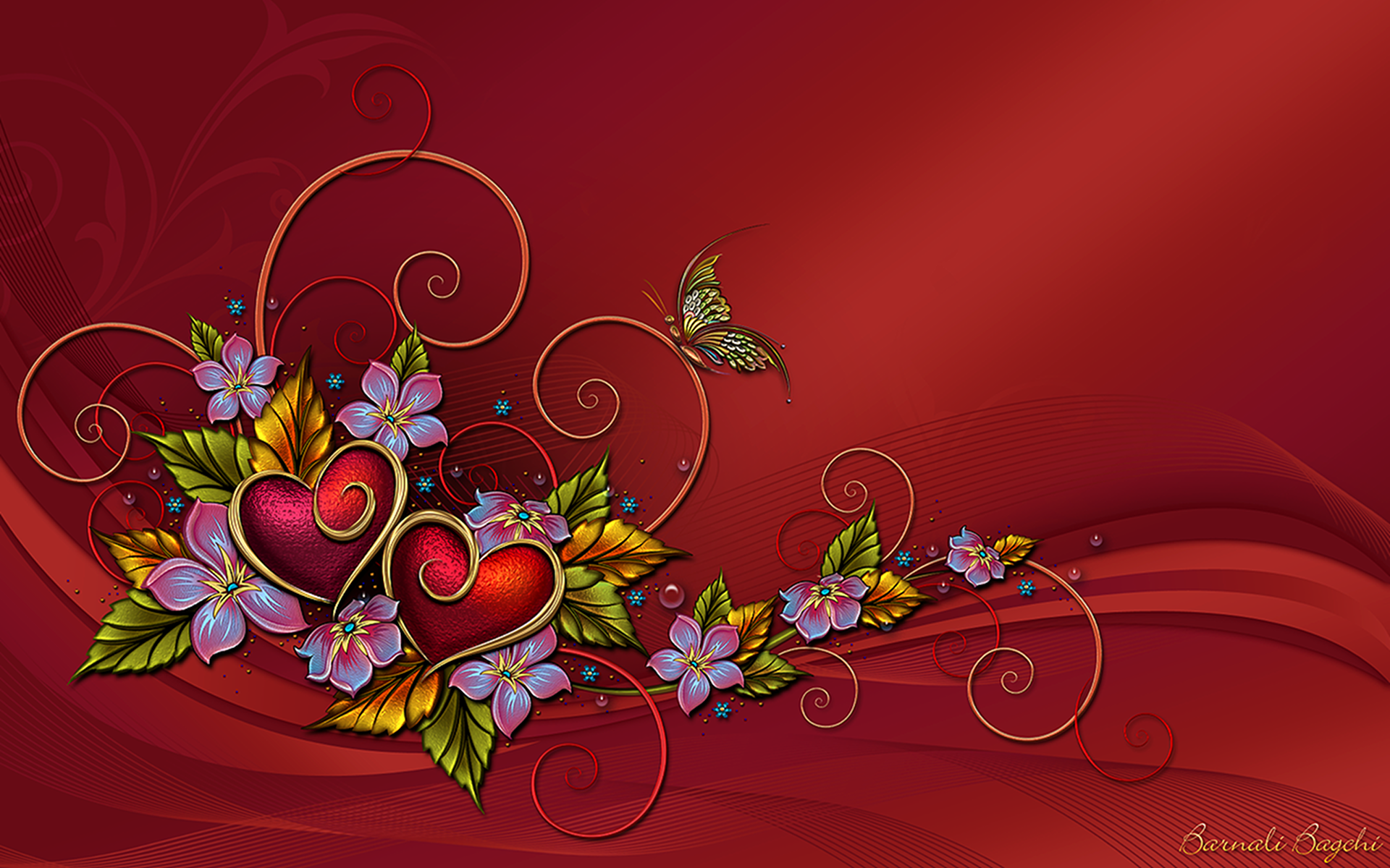 Hearts, Flowers, and Butterfly by Barnali Bagchi