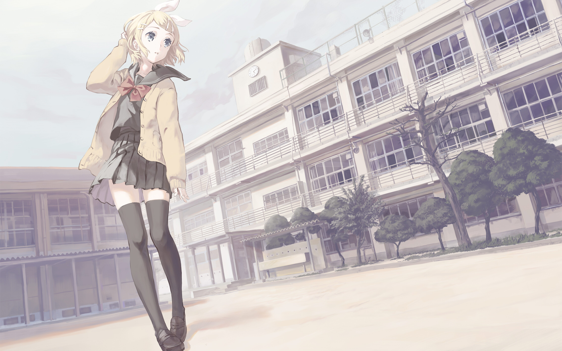 HD desktop wallpaper featuring Rin Kagamine from Vocaloid standing in front of a school building in an anime-style illustration.
