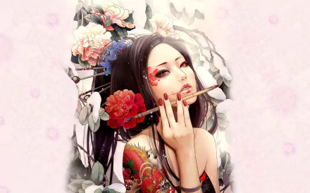 A brunette with heterochromia poses gracefully, adorned with tattoos and surrounded by flowers, capturing the essence of video game art from JX Online in an HD wallpaper.