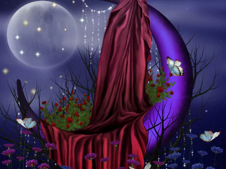 Artistic fantasy HD PC desktop wallpaper background: moonlit purple crescent cradles roses and flowers with flowing crimson drapery and glowing butterflies against a starry night.