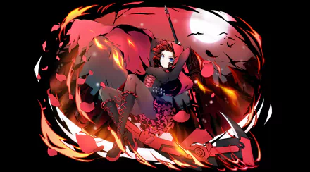 Anime-style HD desktop wallpaper of Ruby Rose from RWBY with red hair, wielding a scythe, surrounded by bats and a glowing moon in the background.
