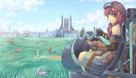 HD anime original desktop wallpaper featuring a girl in steampunk attire sitting outdoors with a distant castle under a bright blue sky.