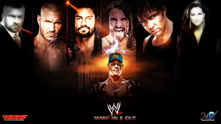 HD WWE desktop wallpaper featuring a montage of wrestling superstars with a fiery background and the WWE logo.