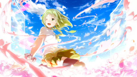 HD PC desktop wallpaper featuring GUMI from Vocaloid in vibrant anime style, surrounded by pink petals under a bright blue sky.