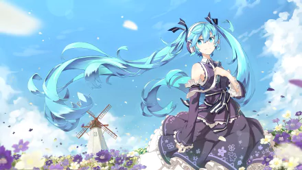 Hatsune Miku stands gracefully in a vibrant flower field, her long blue hair flowing in the wind. A charming windmill and bright sky complete this captivating Anime Vocaloid scene.