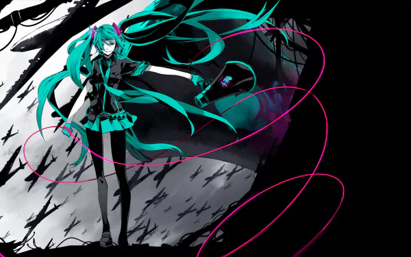 HD anime wallpaper featuring Hatsune Miku from Vocaloid styled in Love is War, with vibrant teal hair and dynamic pink swirls against a dark, abstract background.
