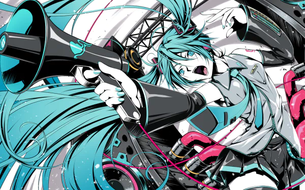 HD PC desktop wallpaper featuring Hatsune Miku from Vocaloid in an energetic pose, styled with vibrant colors and dynamic lines inspired by Love is War.