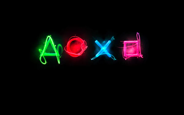 Neon PlayStation symbols glow in vibrant colors against a dark background, creating a striking HD desktop wallpaper and background for video game enthusiasts.
