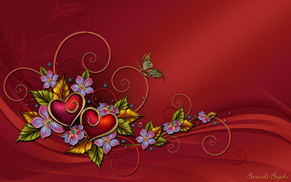 Artistic Heart Flower Butterfly Red Design HD Wallpaper | Background Image
