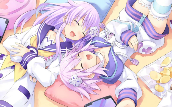 Neptune and Nepgear from Hyperdimension Neptunia Victory relax together, smiling on pillows surrounded by snacks in this colorful HD desktop wallpaper.