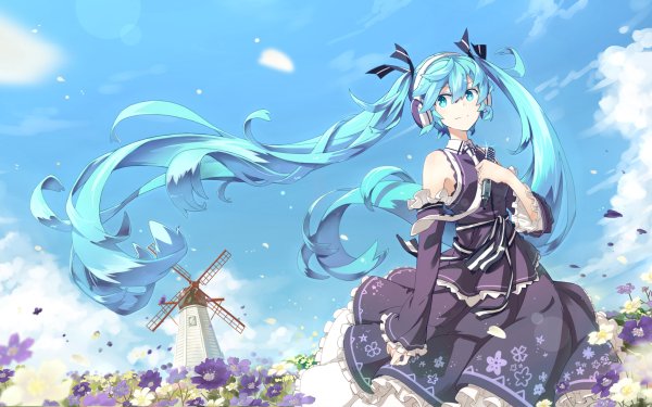 Anime Vocaloid Windmill Long Hair Blue Eyes Blue Hair Headphones Flower Field Dress Hatsune Miku HD Wallpaper | Background Image
