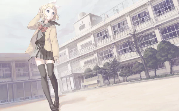 HD desktop wallpaper featuring Rin Kagamine from Vocaloid standing in front of a school building in an anime-style illustration.