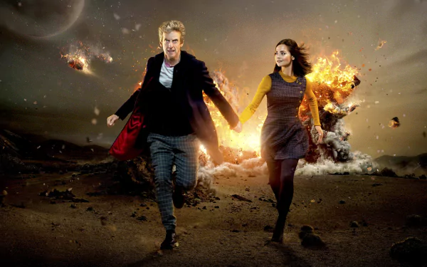 HD desktop wallpaper featuring Peter Capaldi as the Doctor and Jenna Coleman as Clara Oswald from the TV show Doctor Who (2005), running against an explosive backdrop.