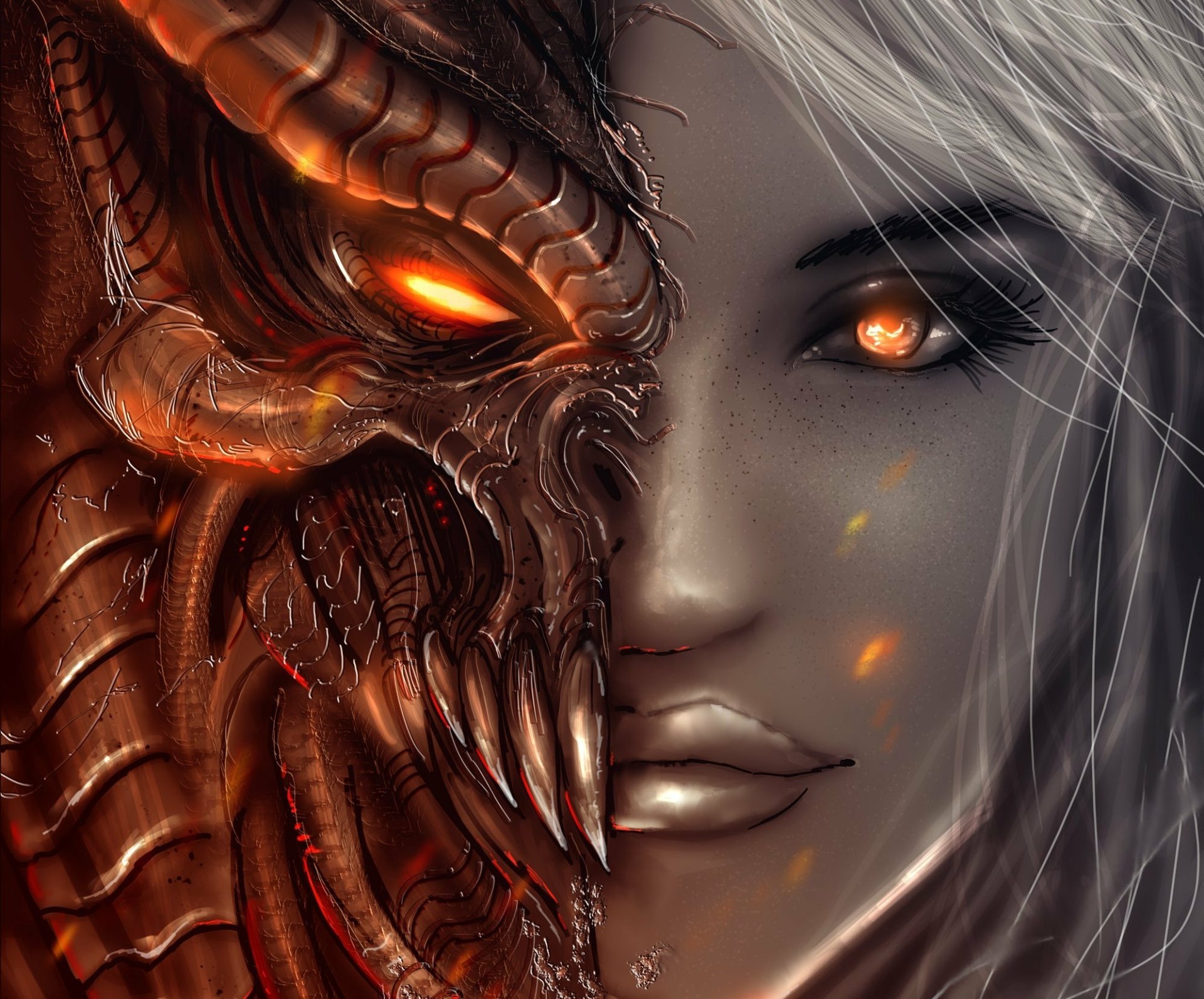 Close-up of a fantasy bronze mask merging with a face, featuring glowing orange eyes, inspired by characters from Diablo III. High-definition PC desktop wallpaper.