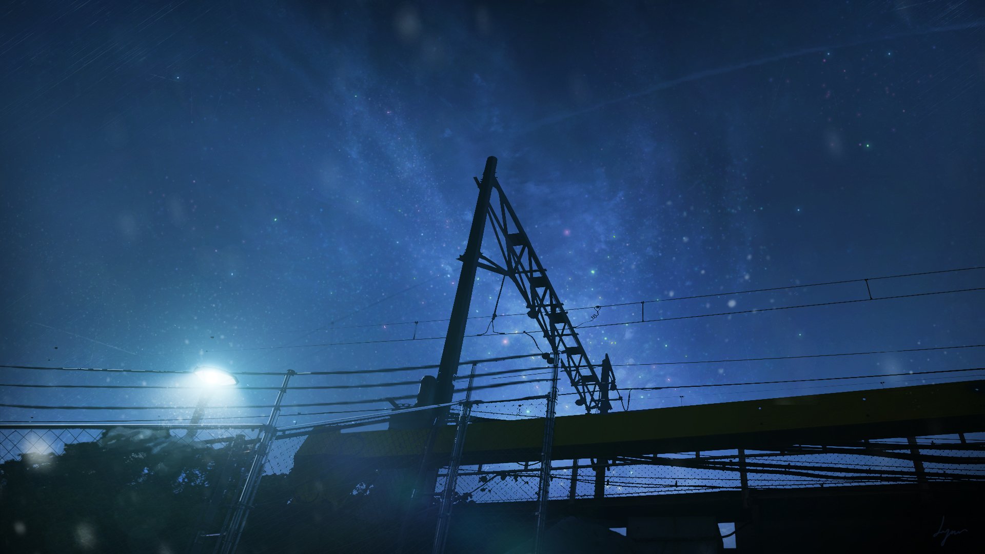 A serene night scene in an anime style, featuring a town silhouette against a starry sky. An HD backdrop showcases the beauty of nighttime tranquility.