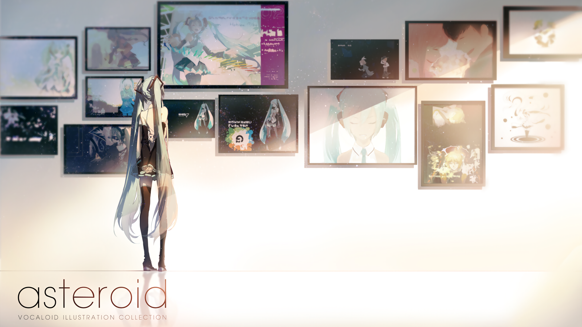 HD PC desktop wallpaper featuring anime character Hatsune Miku with long twin-tail hair from Vocaloid, standing against a wall of framed pictures.
