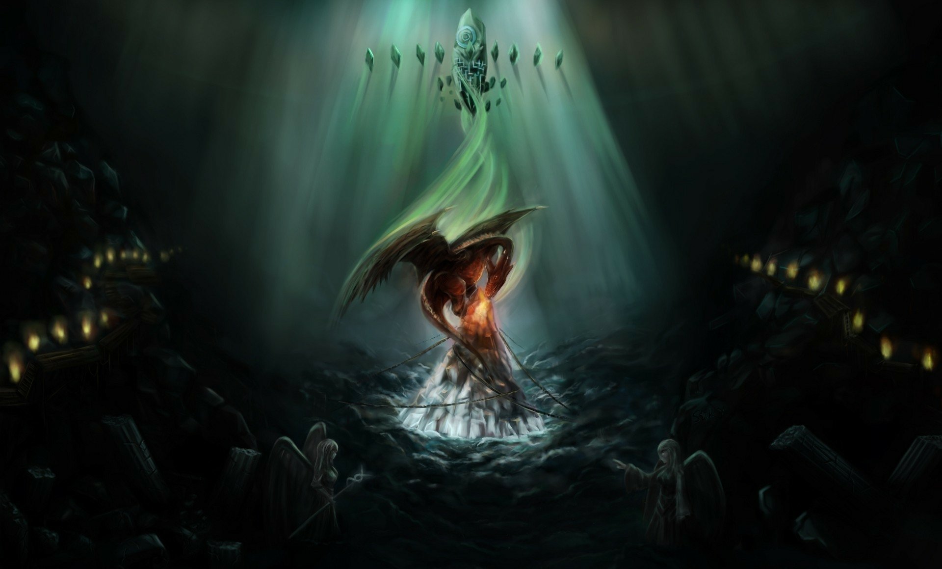 Dark fantasy HD desktop wallpaper featuring a dramatic angel statue with a glowing heart, surrounded by shadowy dragons and eerie, mystical lighting.