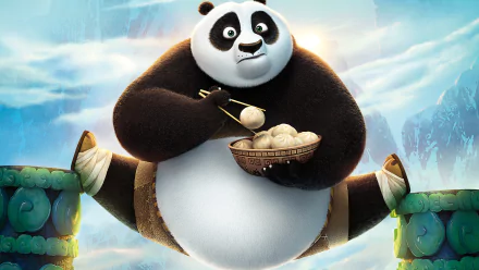Po from Kung Fu Panda 3 is depicted in this HD desktop wallpaper, joyfully balancing while holding a bowl of dumplings, set against a vibrant, cheerful backdrop.