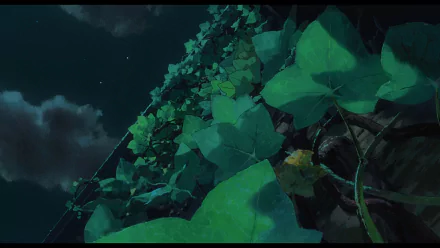 HD PC desktop wallpaper from The Secret World of Arrietty: green-toned anime scene of large ivy leaves climbing a wall beneath a moonlit, clouded night sky.