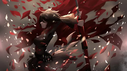 Ruby Rose from RWBY stands confidently amid swirling petals, wielding her weapon. This HD anime wallpaper captures the dynamic energy of the character in a striking, colorful scene.