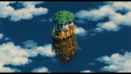 HD PC desktop wallpaper featuring the floating island from the anime Laputa: Castle in the Sky, surrounded by clouds against a deep blue sky.