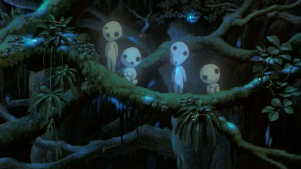 HD PC desktop wallpaper — anime Princess Mononoke scene: four glowing kodama spirits on a mossy tree branch in a dark, bioluminescent forest.