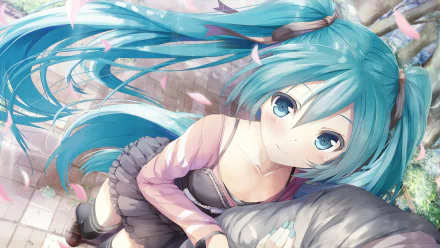 A vibrant HD wallpaper featuring Hatsune Miku, an anime Vocaloid character. She has long blue twintails and aqua eyes, surrounded by delicate cherry blossom petals.