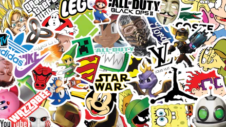 HD desktop wallpaper featuring a vibrant sticker bomb design with assorted pop culture and brand stickers.
