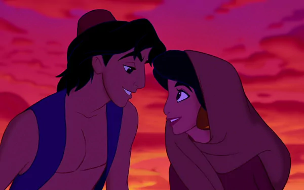 HD desktop wallpaper from the 1992 movie Aladdin, featuring Aladdin and Jasmine sharing a close moment against a vibrant sunset sky.