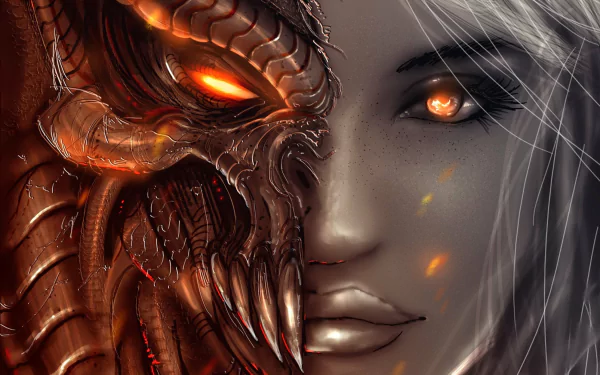 Close-up of a fantasy bronze mask merging with a face, featuring glowing orange eyes, inspired by characters from Diablo III. High-definition PC desktop wallpaper.
