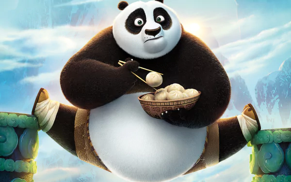 Po from Kung Fu Panda 3 is depicted in this HD desktop wallpaper, joyfully balancing while holding a bowl of dumplings, set against a vibrant, cheerful backdrop.